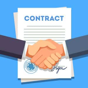 Business man firmly shaking hands over a signed contract with stamp. Modern flat style vector illustration.